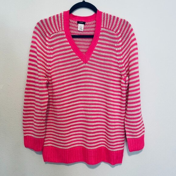 J.CREW Neon Pink And White Striped Cotton/Acrylic V-Neck Sweater Size XL - Picture 2 of 6
